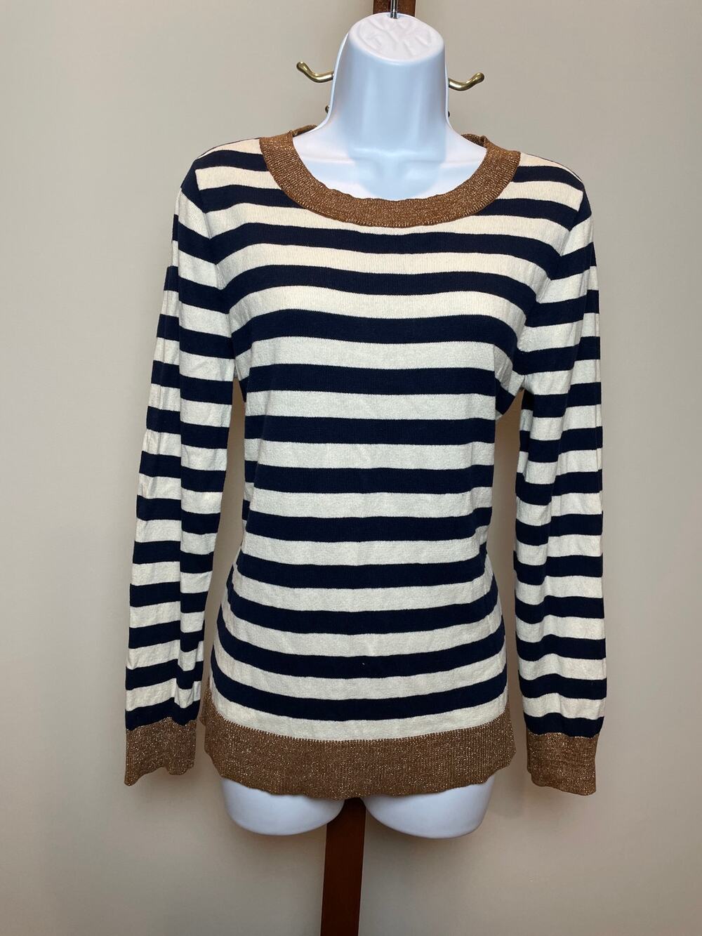 LOFT Outlet Navy Cream Striped Sweater Size L Lightweight Cotton